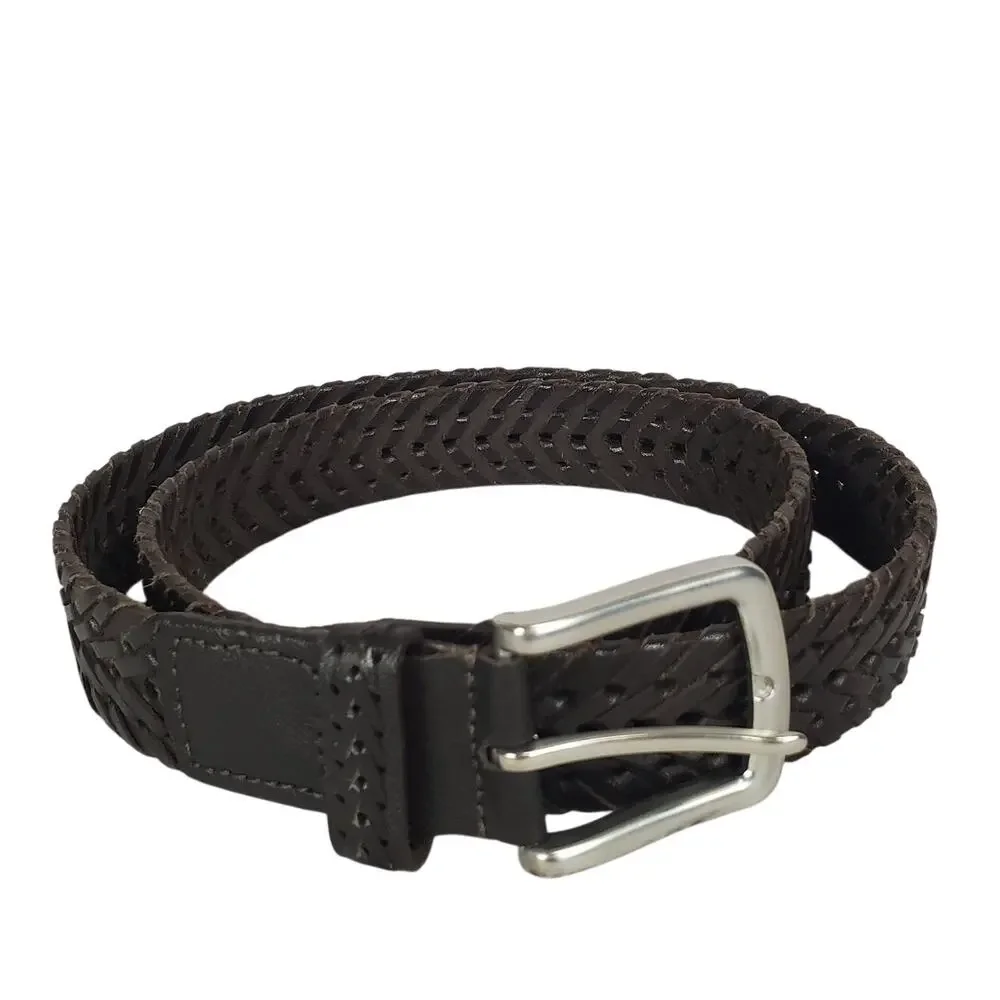 Men's Size L Brown Woven Genuine Leather Belt Silver Tone Buckle Cowboy Western